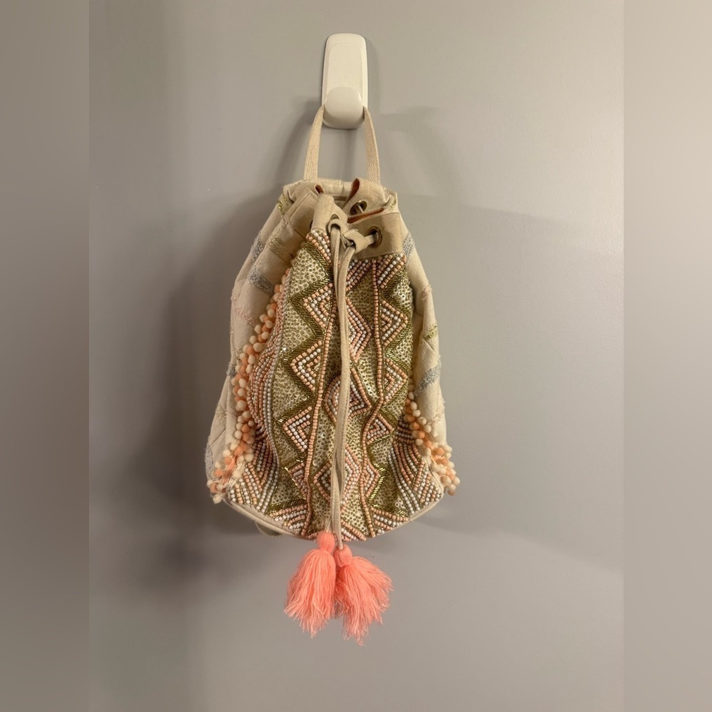 America & Beyond Beaded Mini Backpack Boho Tassel Bag